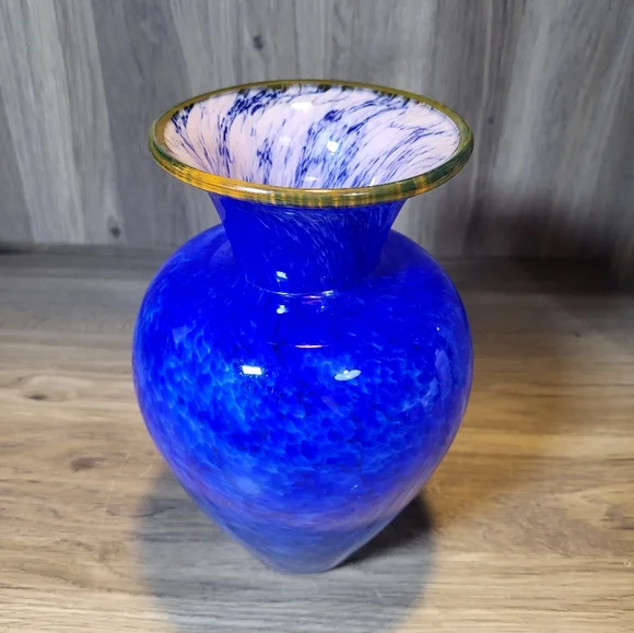 Hand Blown Glass Vase Vibrant Blue White Speckled Yellow Brim Art Glass - Picture 7 of 13
